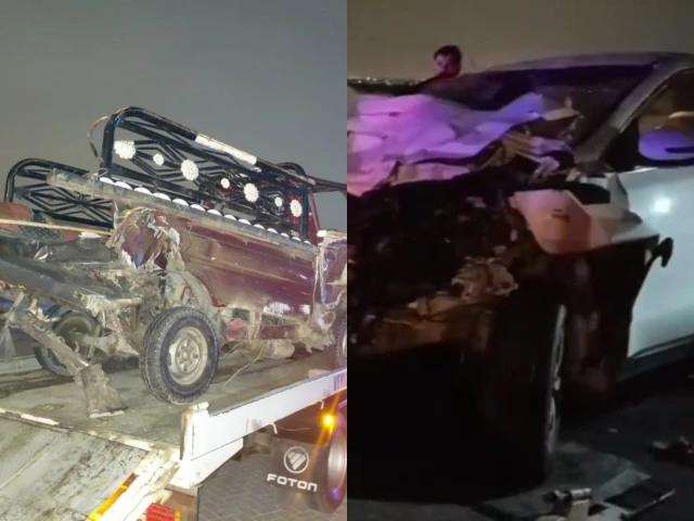 a combination of pictures shows the overturned pickup and the damaged suv after a road accident on karachi s shahrah i bhutto that killed a woman and injured 11 others on wednesday photos express a combination of pictures shows the overturned pickup and the damaged suv after a road accident on karachi s shahrah i bhutto that killed a woman and injured 11 others on wednesday photos express