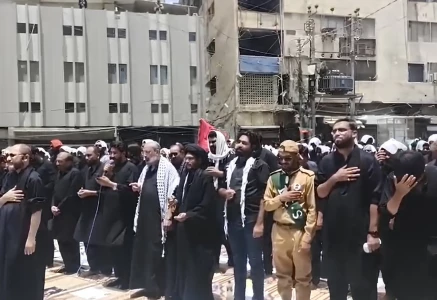 mourners offer zuhrain prayer at karachi s tibet centre on june 26 2026 on the occasion of ashura screengrab