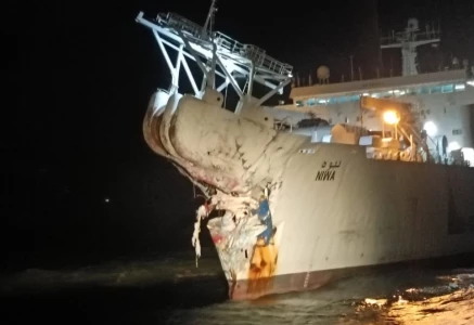 the uae flagged cable repair vessel mv neva is seen damaged after a collision near the entrance of karachi port on wednesday photo author