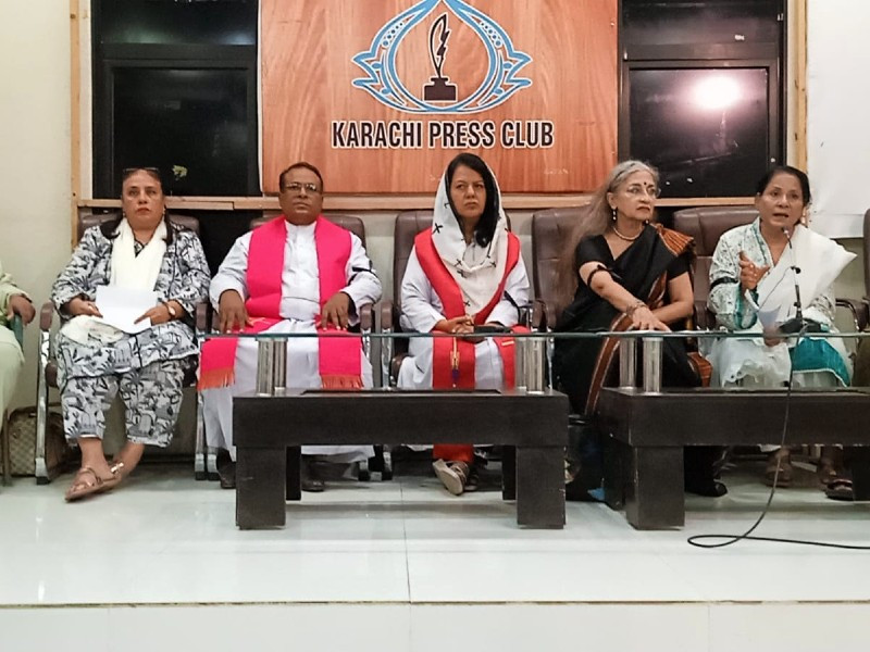 representatives of the aurat and minority rights march addressing a press conference in karachi on august 17 2023 photo express