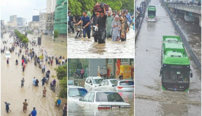 clockwise people wade through flooded streets after monsoon rains in karachi a man carries a suitcase on his head to keep it dry commuters struggle to move through waist deep water as buses remain stranded vehicles some partially submerged and others parked are seen amid the deluge photo agencies