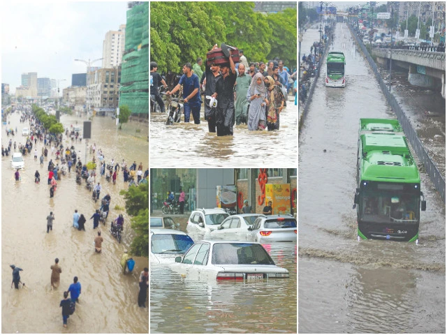clockwise people wade through flooded streets after monsoon rains in karachi a man carries a suitcase on his head to keep it dry commuters struggle to move through waist deep water as buses remain stranded vehicles some partially submerged and others parked are seen amid the deluge photo agencies