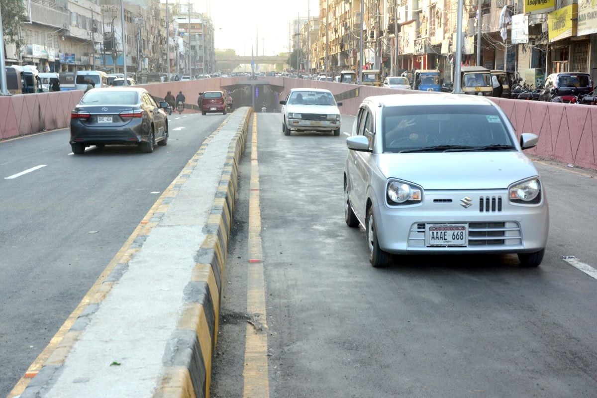 Development on the Meena Bazaar side is complete, while work on the Musa Colony side continues. PHOTO: JALAL QURESHI