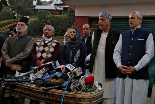 muzaffar shah leader of awami national conference mohammed yousuf tarigami leader of communist party of india marxist mehbooba mufti former chief minister of jammu and kashmir and president of peoples democratic party farooq abdullah and his son omar abdullah both leaders of national conference and former state chief ministers address the media after their meeting in srinagar october 15 2020 reuters danish ismail file photo muzaffar shah leader of awami national conference mohammed yousuf tarigami leader of communist party of india marxist mehbooba mufti former chief minister of jammu and kashmir and president of peoples democratic party farooq abdullah and his son omar abdullah both leaders of national conference and former state chief ministers address the media after their meeting in srinagar october 15 2020 reuters danish ismail file photo