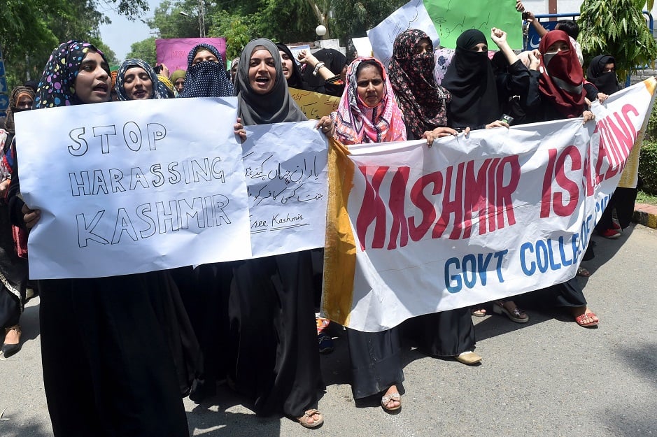 Pakistani students chant slogans during an anti-Indian protest rally in Lahore. PHOTO: AFP