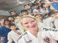 austrian judoka sabrina filzmoser with young athletes during the training session at a judo club in hyderabad sindh photo courtesy pjf austrian judoka sabrina filzmoser with young athletes during the training session at a judo club in hyderabad sindh photo courtesy pjf