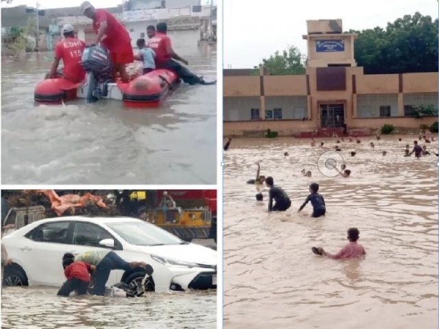edhi volunteers evacuate a family from a flood hit neighbourhood a biker plunges into an open manhole hidden by muddy water while children turn the inundated ground of jamia milia school in malir into a swimming spot on wednesday photos jalal qureshi express