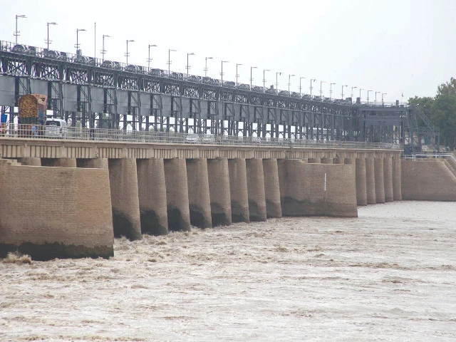 water levels surge in the indus river at kotri barrage as heavy monsoon rains continue to drench large swathes of the country authorities remain on alert as upstream flows build pressure across key barrages photo app
