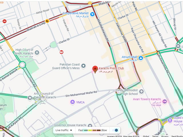 Google Maps shows the traffic situation around the Karachi Press Club. (Screengrab taken at 8:30 pm)
