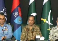 dg ispr lt gen ahmed sharif chaudhry dgpr of the pakistan air force air vice marshal aurangzeb ahmed and deputy chief of naval staff operations rear admiral raja rab nawaz address the media in islamabad on friday screengrab