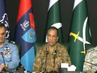 dg ispr lt gen ahmed sharif chaudhry dgpr of the pakistan air force air vice marshal aurangzeb ahmed and deputy chief of naval staff operations rear admiral raja rab nawaz address the media in islamabad on friday screengrab