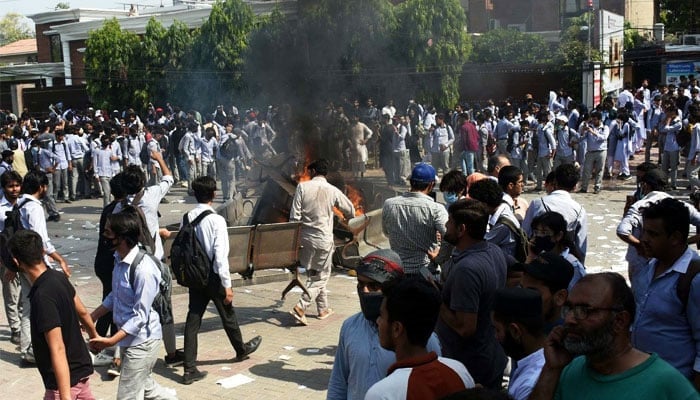 students are holding protest demonstration against the alleged rape of a first year female student by a security guard in college premises in gulberg area in lahore on october 14 2024 photo ppi