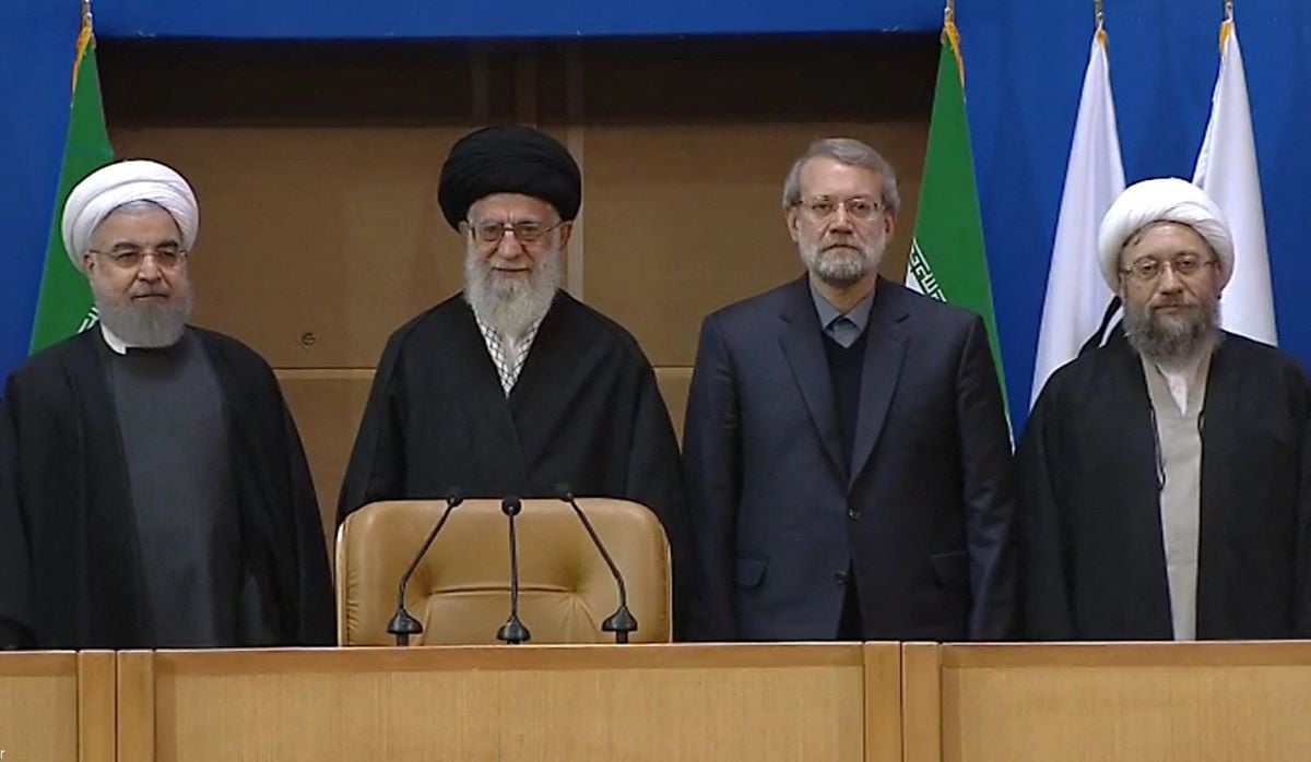 This handout photo provided by the official website of the Center for Preserving and Publishing the Works of Iran's supreme leader, Ayatollah Ali Khamenei, on February 21, 2017 shows (L to R) Iranian President Hasan Rouhani, supreme leader Ayatollah Ali Khamenei , Parliament Speaker Ali Larijani and judiciary chief of judiciary Sadeq Larijani attending the sixth international conference in support of Palestinian intifada (uprising), in Tehran.PHOTO: AFP