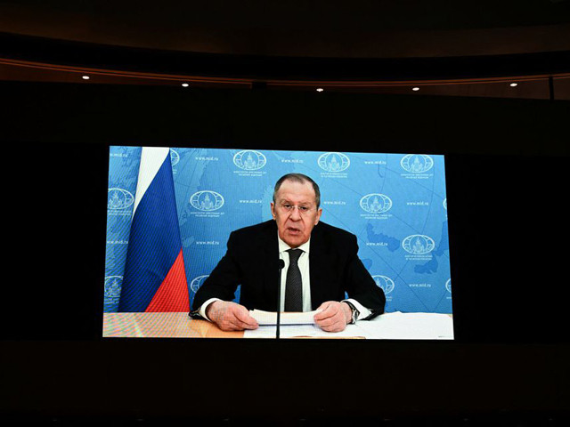 russia s foreign minister sergei lavrov addresses the conference on disarmament with a pre recorded video message in geneva switzerland march 1 2022 photo reuters