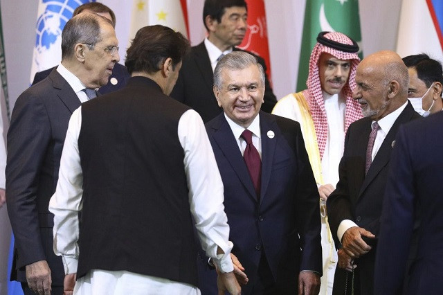 Prime Minister Imran Khan, at the Tashkent summit in July, with leaders of South and Central Asian countries. PHOTO: APP