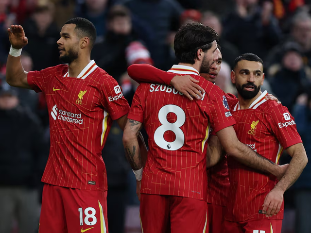 liverpool s cody gakpo celebrates scoring their fourth goal with mohamed salah trent alexander arnold dominik szoboszlai photo reuters