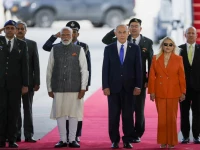 india s prime minister narendra modi israel s prime minister benjamin netanyahu and netanyahu s wife sara netanyahu attend a welcome ceremony upon modi s arrival at ben gurion international airport in lod near tel aviv israel february 25 2026 reuters