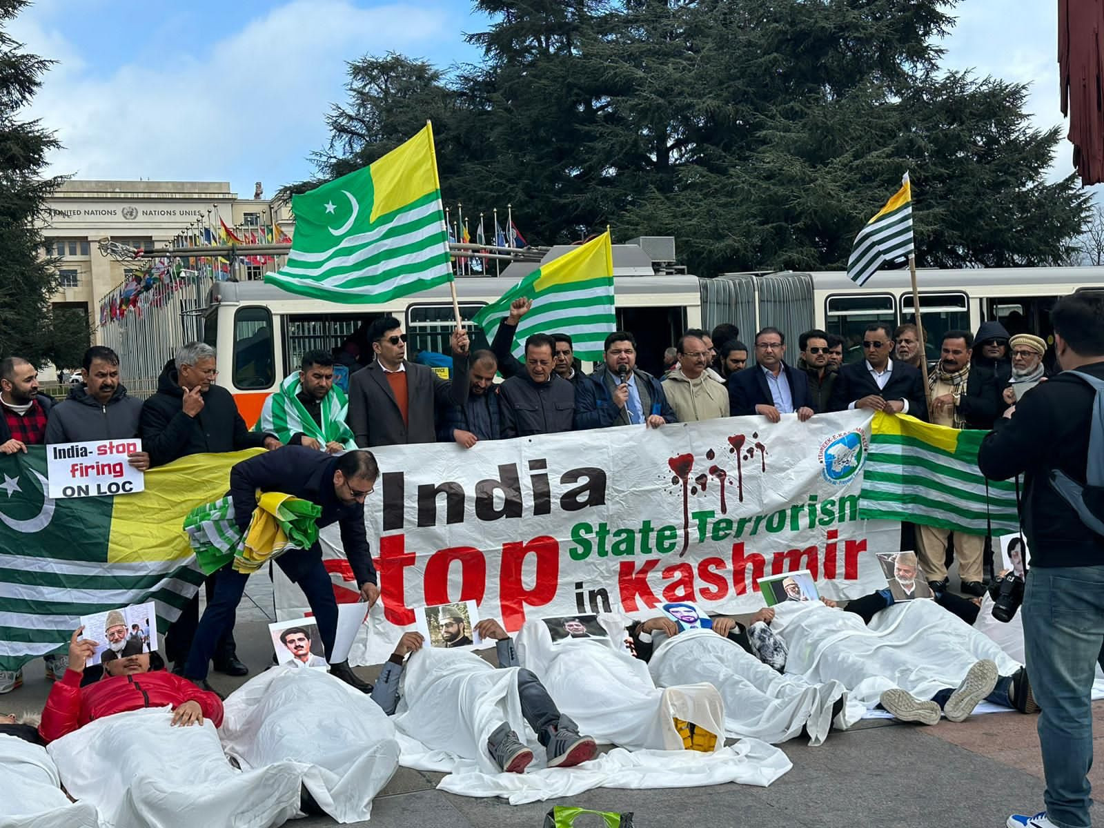 fahim kayani leader of tehreek e kashmir uk and altaf hussain wani head of un kashmir delegation led the symbolic demonstration outside the unhrc headquarters photo express