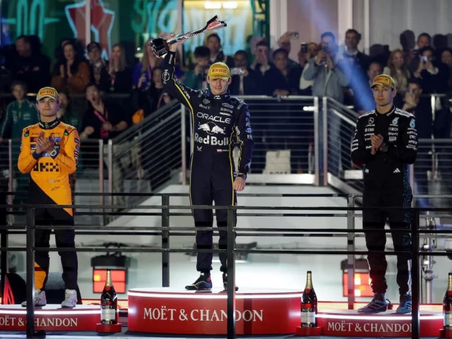 red bull s max verstappen celebrates on the podium after winning the las vegas grand prix along with second placed mclaren s lando norris and third placed mercedes george russell photo reuters red bull s max verstappen celebrates on the podium after winning the las vegas grand prix along with second placed mclaren s lando norris and third placed mercedes george russell photo reuters