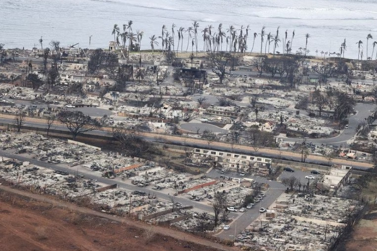 an aerial view shows the community of lahaina after wildfires driven by high winds burned across most of the town several days ago in lahaina hawaii u s august 10 2023 reuters marco garcia