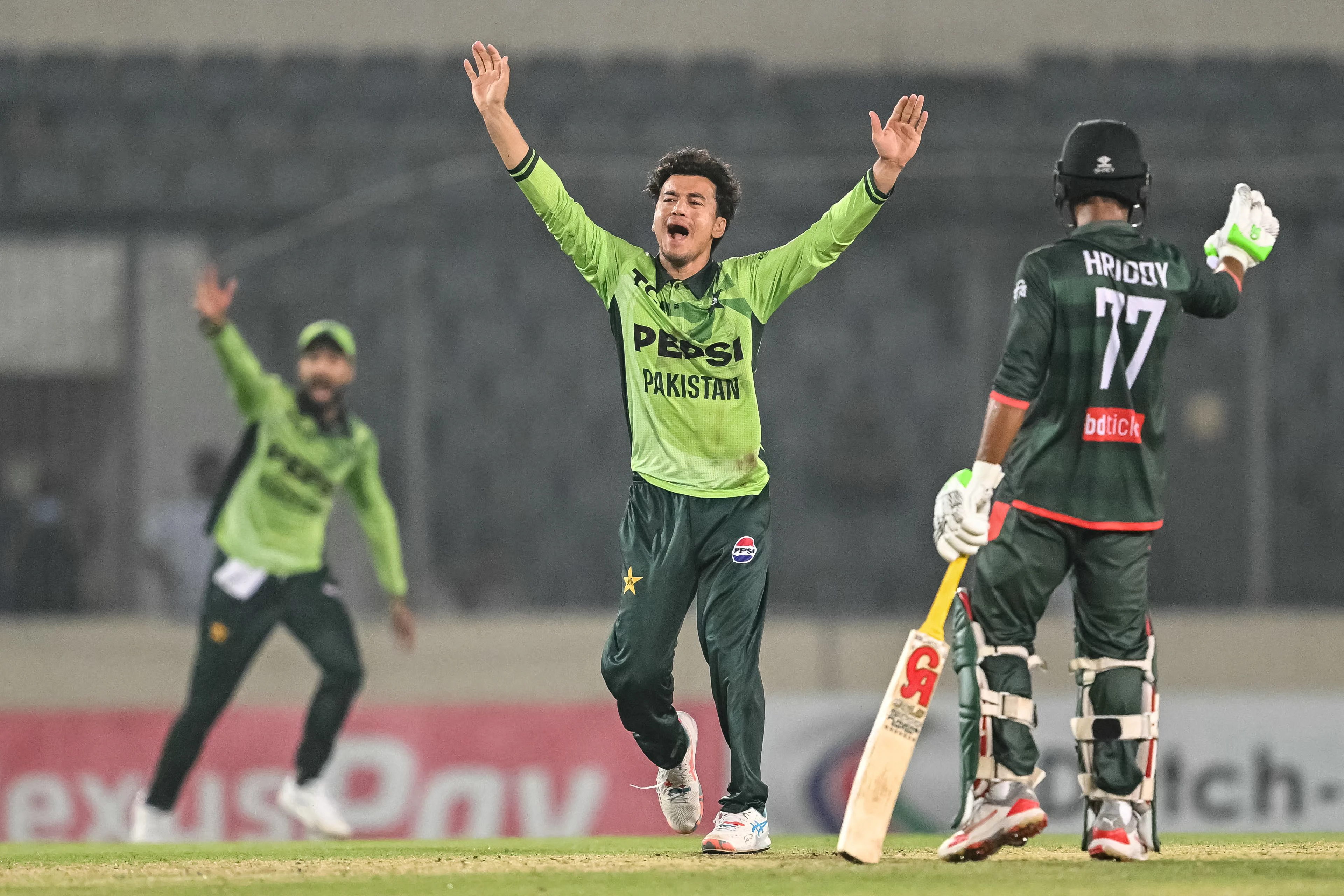 pakistan s maaz sadaqat c successfully appeals for leg before wicket lbw against bangladesh s litton das during the second one day international odi cricket match between bangladesh and pakistan at sher e bangla national stadium in mirpur on march 13 2026 photo afp