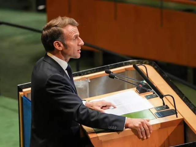 french president emmanuel macron addresses delegates during a high level meeting of heads of state on a two state solution between israel and the palestinians at united nations headquarters in new york city us september 22 2025 photo reuters