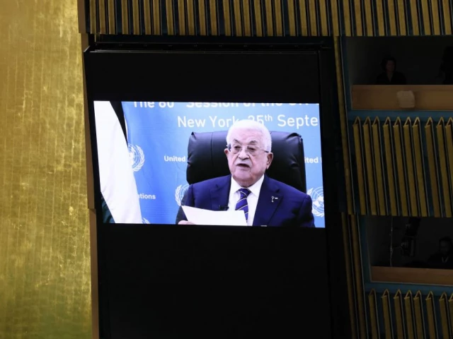 palestinian authority president mahmoud abbas speaks via video during the united nations general assembly unga at the united nations headquarters on september 25 2025 in new york city photo afp