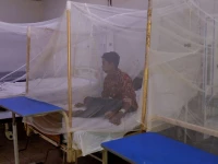 a patient suffering from dengue fever sits under a mosquito net inside a dengue and malaria ward at the sindh government services hospital in karachi september 21 2022 photo reuters