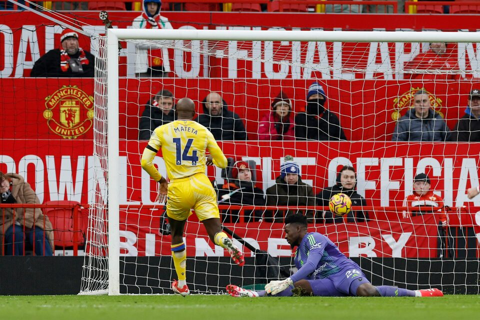 crystal palace s jean philippe mateta scores their second goal past manchester united s andre onana photo reuters