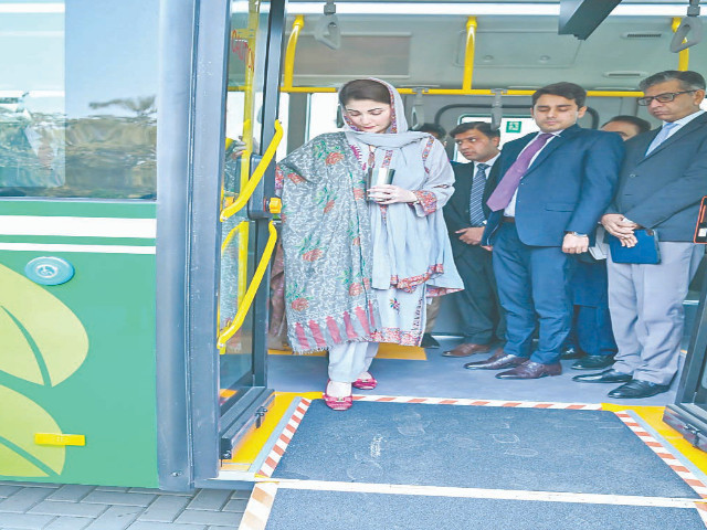 punjab chief minister maryam nawaz inspects a ramp for differently abled passengers in an electric bus which is set to ply on the roads in lahore photo express