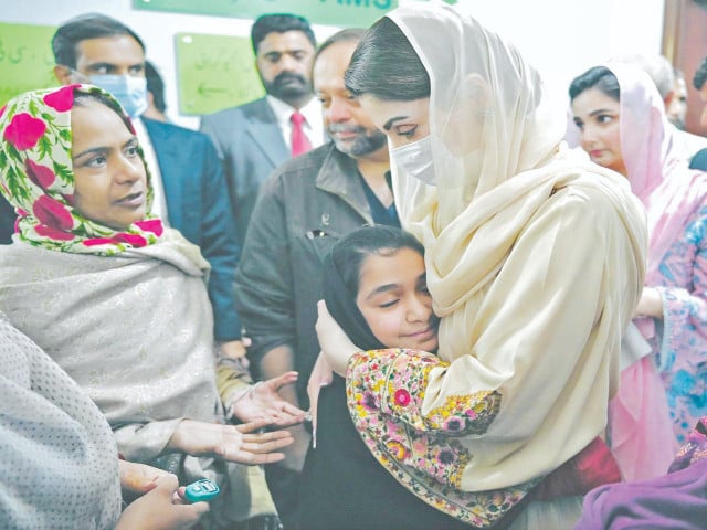 chief minister maryam nawaz consoles the daughter of a patient in the cardiology ward during her visit to the mayo hospital photo express