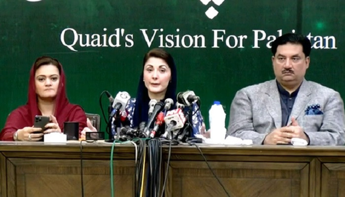 pml n leader maryam nawaz addressing a press conference in lahore screengrab