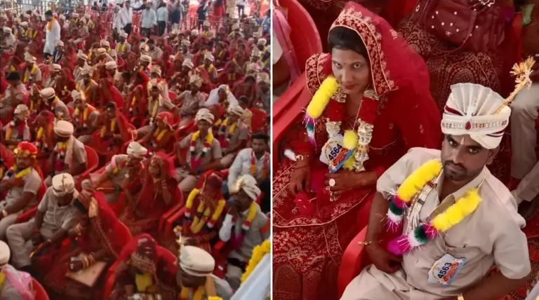 numerous couples sitting at the venue of mass wedding in india photo guinness world record