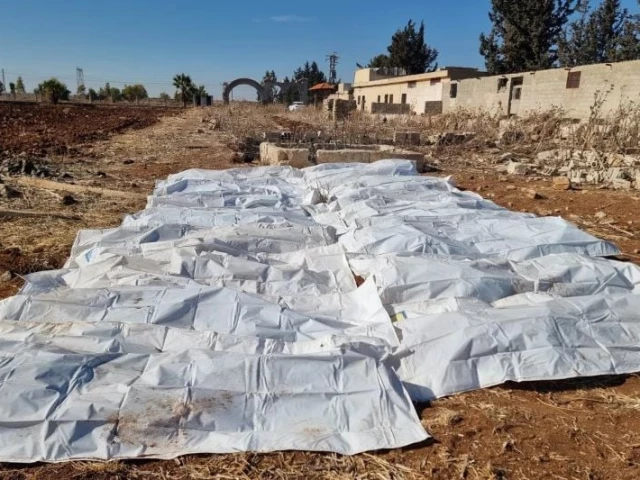 body bags lie on a field after a mass grave was discovered on agricultural land in izra in syria s southern deraa province photo afp body bags lie on a field after a mass grave was discovered on agricultural land in izra in syria s southern deraa province photo afp