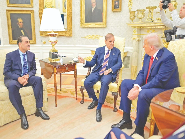 prime minister shehbaz sharif speaks with us president donald trump at the white house as field marshal asim munir looks on photo express