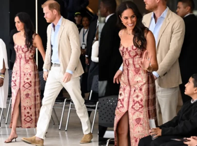 meghan markle shines in johanna ortiz dress during colombia tour with prince harry