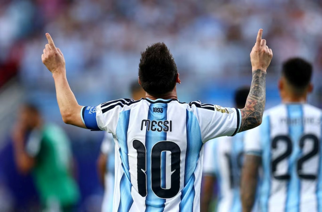 Argentina's Lionel Messi celebrates scoring their first goal in FIFA CUP on July19.REUTERS