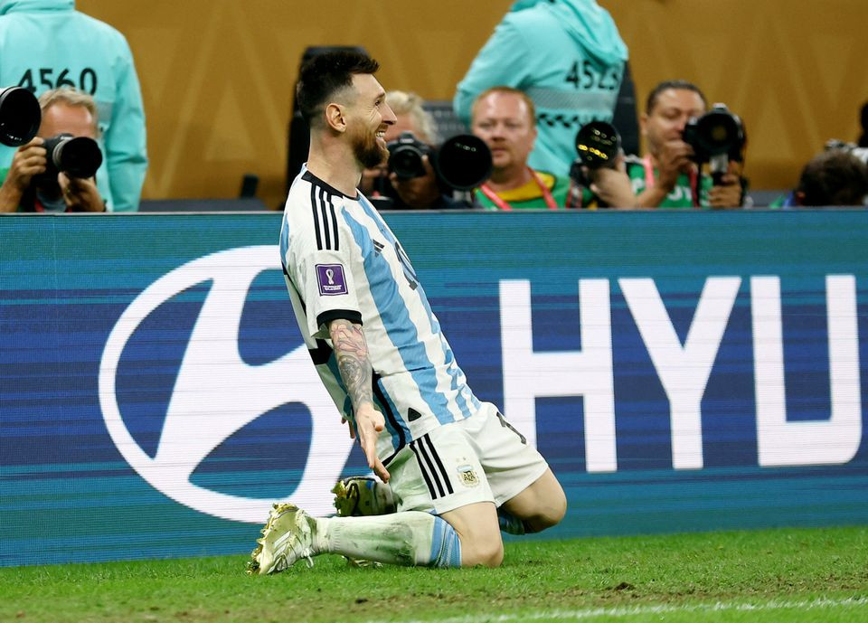 Argentina's Lionel Messi celebrates scoring their third goal. PHOTO: REUTERS