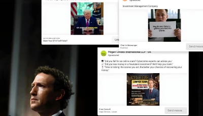 meta ceo mark zuckerberg testifying before the u s senate judiciary committee in january 2024 the company is under regulatory pressure on a number of fronts including ads for scams on its platforms ad screenshots via reuters zuckerberg photo reuters evelyn hockstein