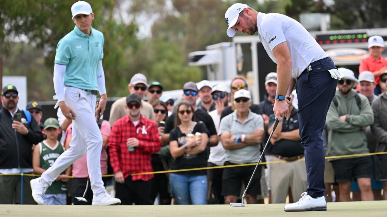 mexico s carlos ortiz l and britain s sam horsfield r share the lead at liv golf s adelaide stop on saturday february 15 2025 photo afp