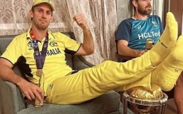 australian cricketer mitchell marsh booked in india for posing with his feet on the world cup trophy photo pat cummins s instagram page