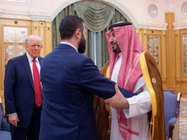 syrian president ahmed al sharaa meets with us president donald trump and saudi crown prince mohammed bin salman in riyadh saudi arabia in this handout released on may 14 2025 photo reuters syrian president ahmed al sharaa meets with us president donald trump and saudi crown prince mohammed bin salman in riyadh saudi arabia in this handout released on may 14 2025 photo reuters