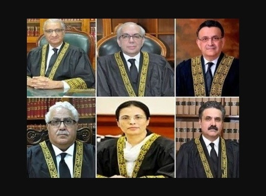 a six member bench headed by chief justice of pakistan umar ata bandial is hearing a set of pleas challenging military trials of civilians accused of involvement in may 9 riots photo file