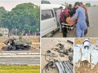 clockwise an anti aircraft gun is placed near lahore relatives gather around the body of a drone victim in attock district debris of indian drones are scattered on a ground in lahore photos express