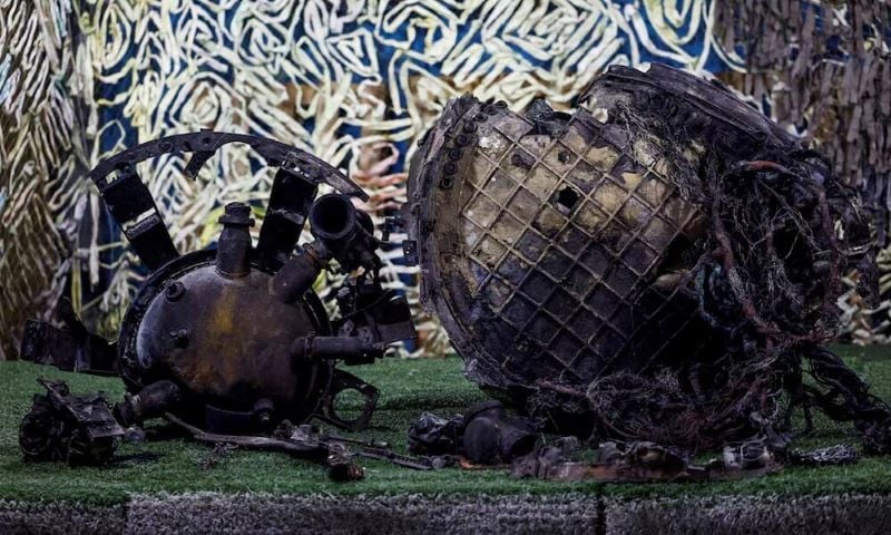 parts of a ballistic missile which russia used in a strike towards dnipro city this week are displayed amid russia s attack on ukraine at an undisclosed location in ukraine november 24 2024 photo reuters