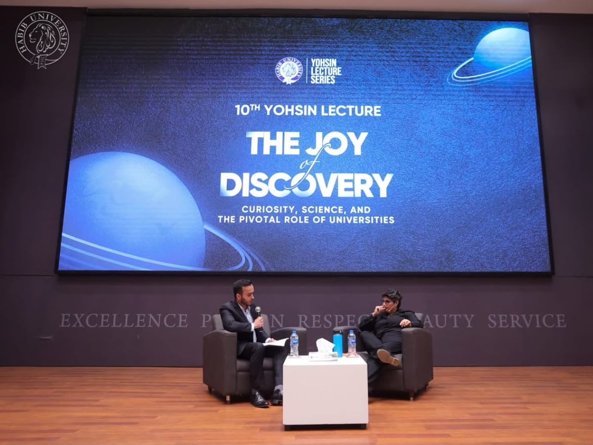 MIT dean Dr Nergis Mavalvala speaks during a panel discussion at Habib University in Karachi on Thursday. Photo: Express