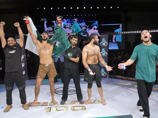 the moment rizwan the haider ali was declared the winner of the road to brave 100 lightweight fight at pakistan combat night 2025 main event photo courtesy activit the moment rizwan the haider ali was declared the winner of the road to brave 100 lightweight fight at pakistan combat night 2025 main event photo courtesy activit