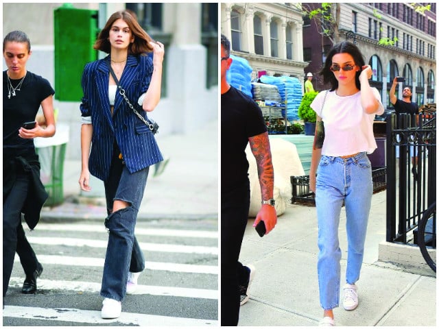 kaia gerber and kendall jenner opt for simple white tees and straight denim pants photos file