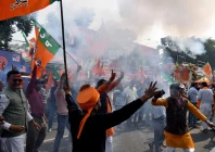 bharatiya janata party bjp supporters celebrate as early trends show the ruling national democratic alliance leading in the bihar state assembly election results in patna india on november 14 2025 photo reuters
