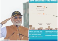 photos shared on x show indian pm narendra modi stands against the backdrop of two s 400 launchers while a sketch shows the complete s 400 battery system with the launcher at extreme right photos agencies